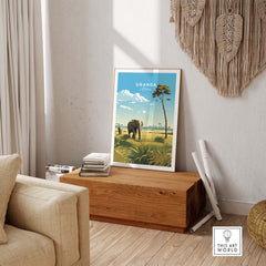 Uganda travel poster print featuring an elephant in Queen Elizabeth National Park, ideal for African safari enthusiasts.