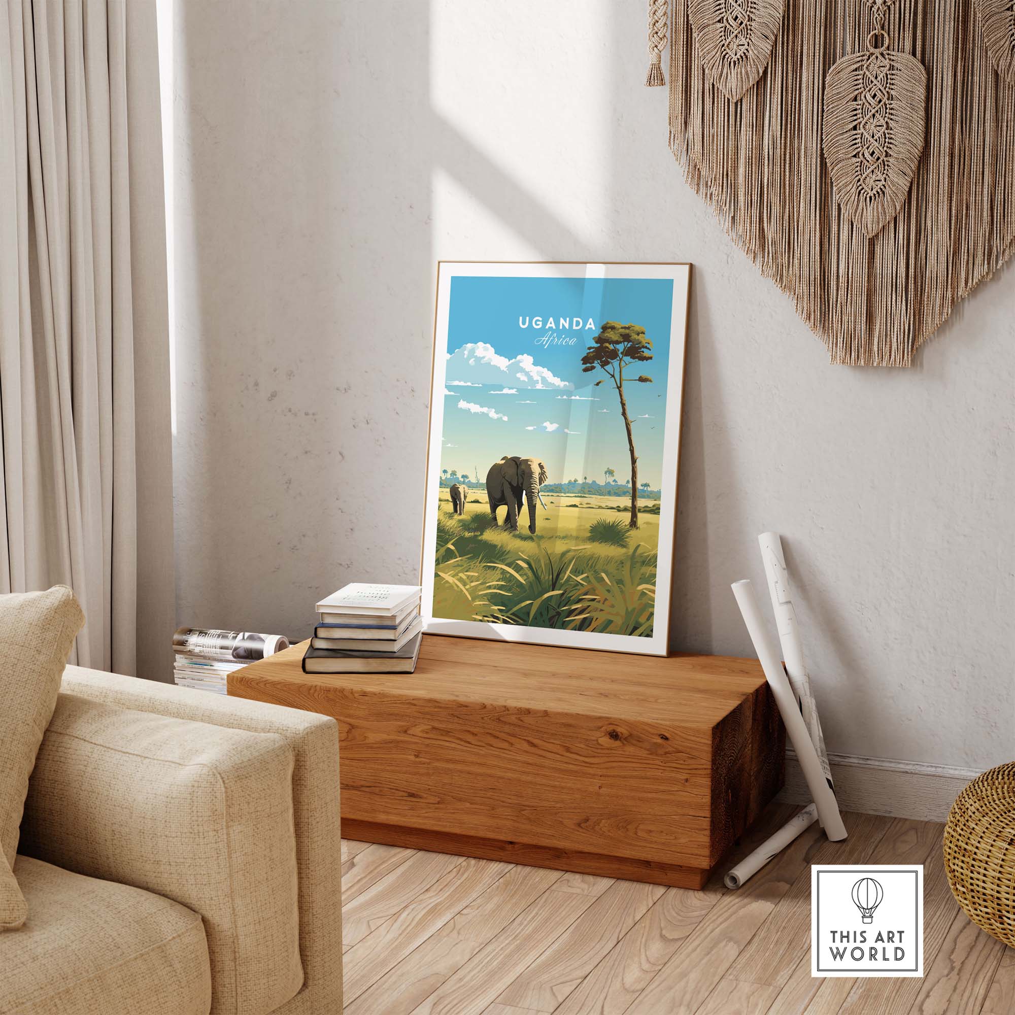 Uganda travel poster print featuring an elephant in Queen Elizabeth National Park, ideal for African safari enthusiasts.