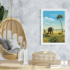Uganda travel poster print featuring elephants in a lush landscape, perfect for African safari enthusiasts.