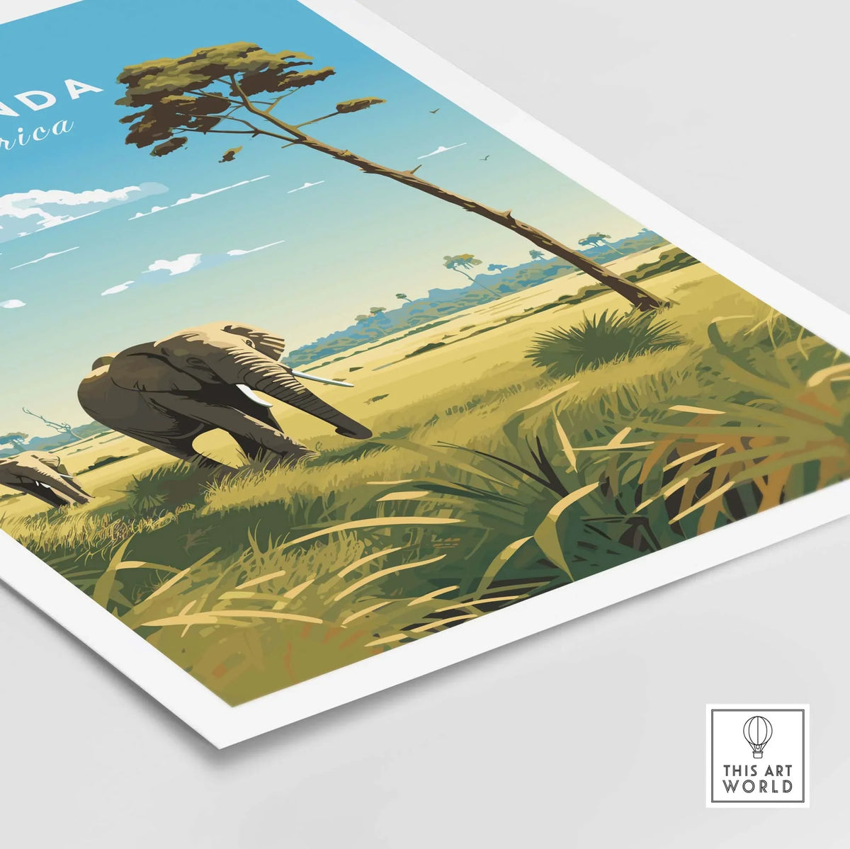 Uganda travel poster print showcasing elephants in Queen Elizabeth National Park, perfect for safari memories.