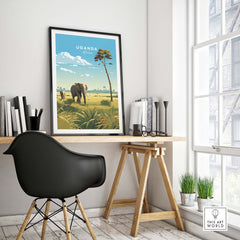 Uganda travel poster print featuring elephants in Queen Elizabeth National Park, perfect for safari memories.