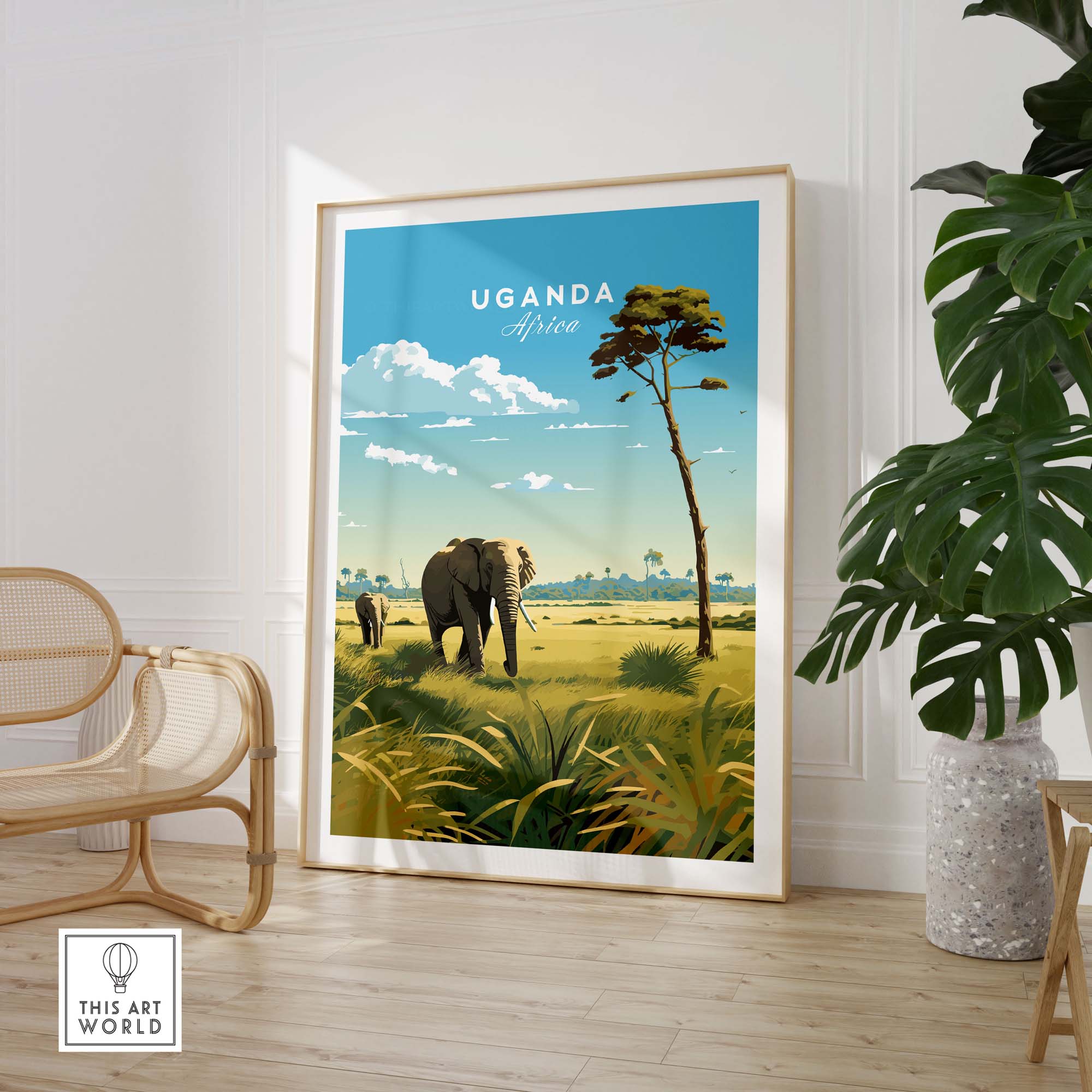 Uganda travel poster print featuring elephants in Queen Elizabeth National Park, vibrant African landscape art.