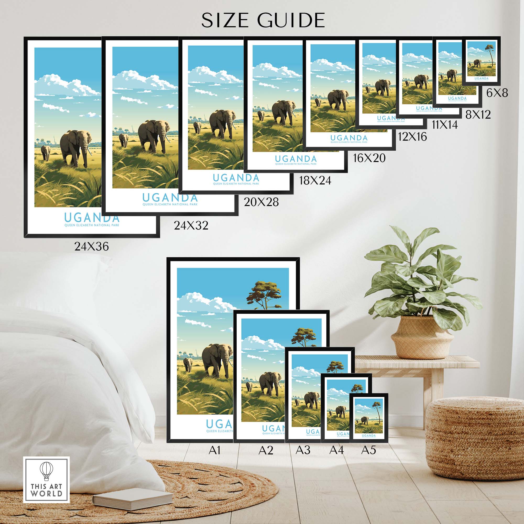 Size guide for Uganda Wall Art featuring elephants and landscapes, showcasing various frame sizes and modern design.