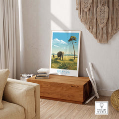Uganda wall art featuring a serene elephant in a modern living room, capturing the beauty of African landscapes.