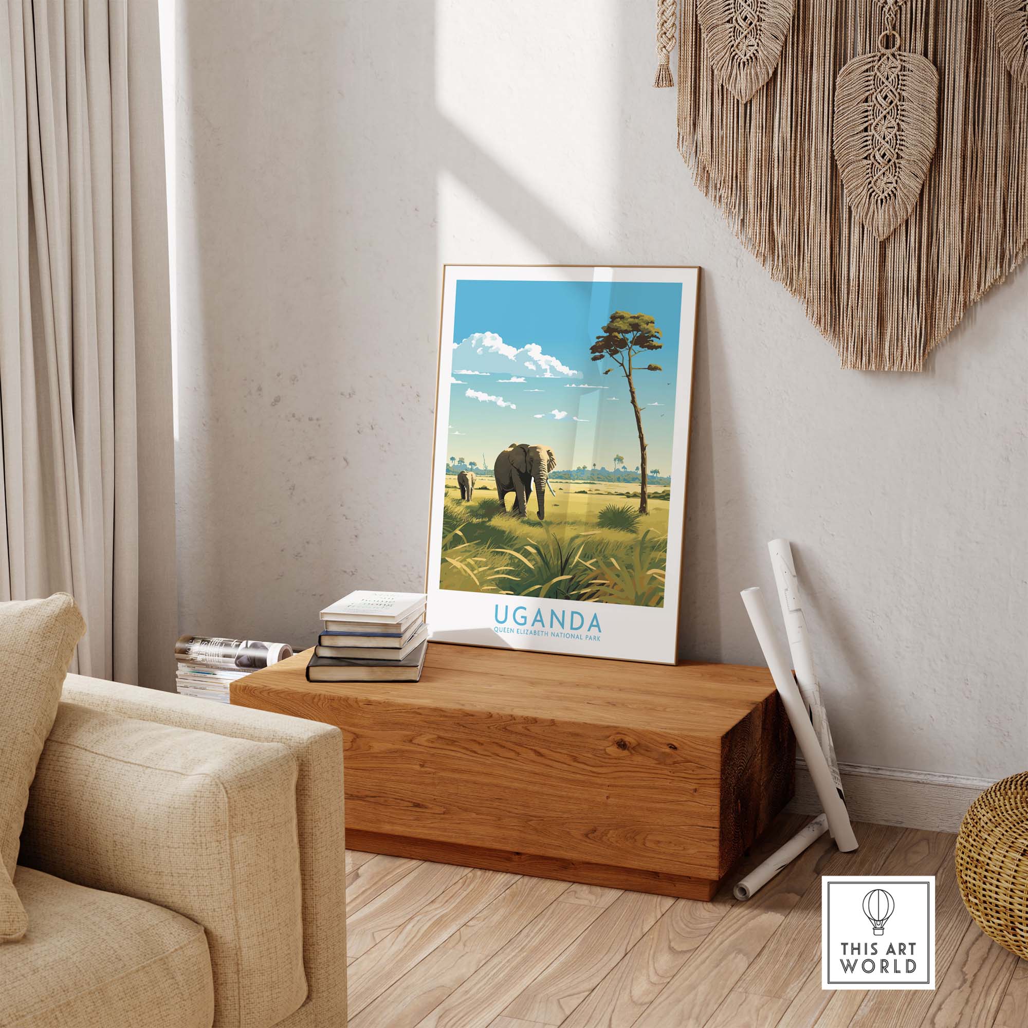 Uganda wall art featuring a serene elephant in a modern living room, capturing the beauty of African landscapes.