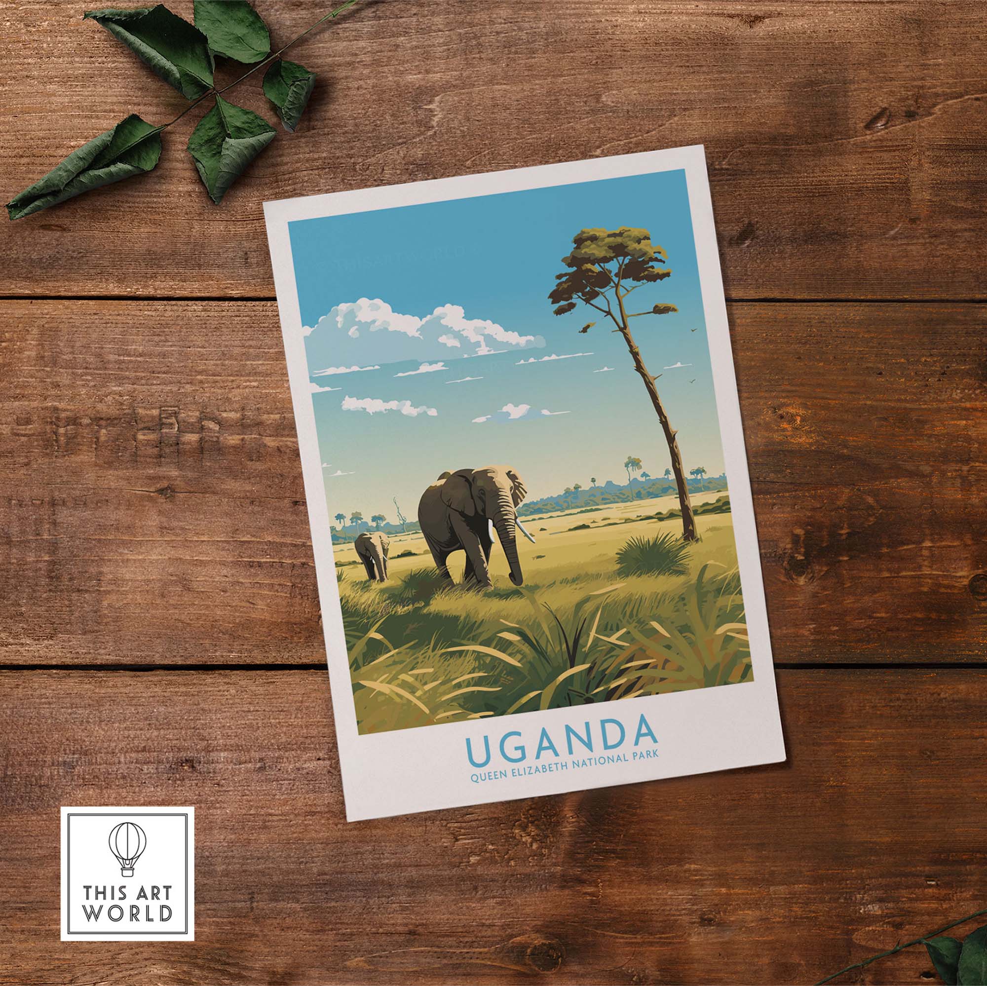 Uganda wall art poster featuring elephants in Queen Elizabeth National Park, showcasing modern African safari style.
