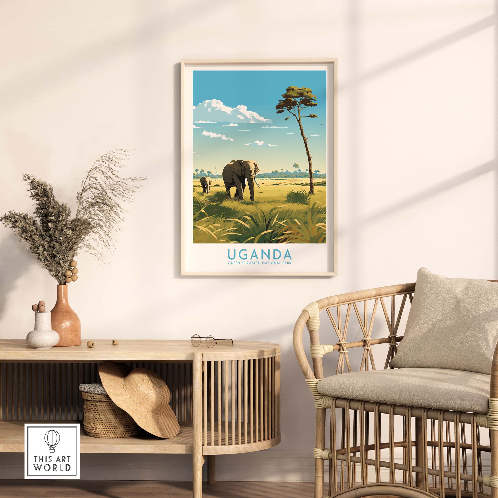 Modern Uganda wall art featuring elephants and a vibrant landscape, perfect for creating a stylish gallery wall.