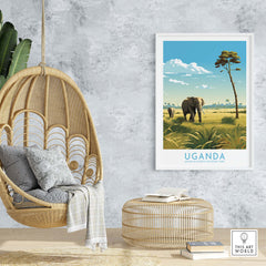 Uganda Wall Art featuring elephants and a tree in modern style, perfect for adding African safari vibes to home decor.