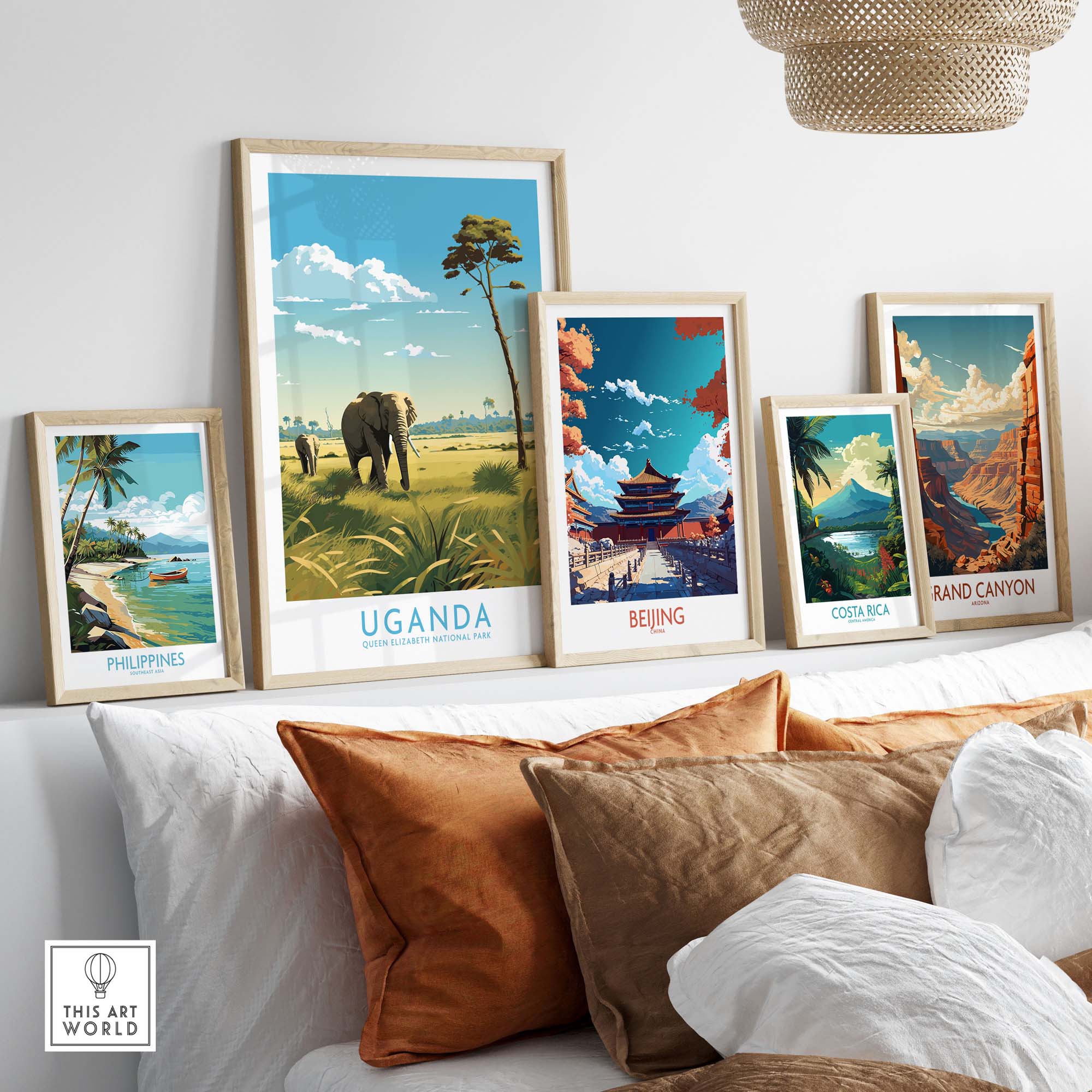 Modern Uganda wall art featuring African landscapes and elephants, perfect for stylish home decor and gallery walls.