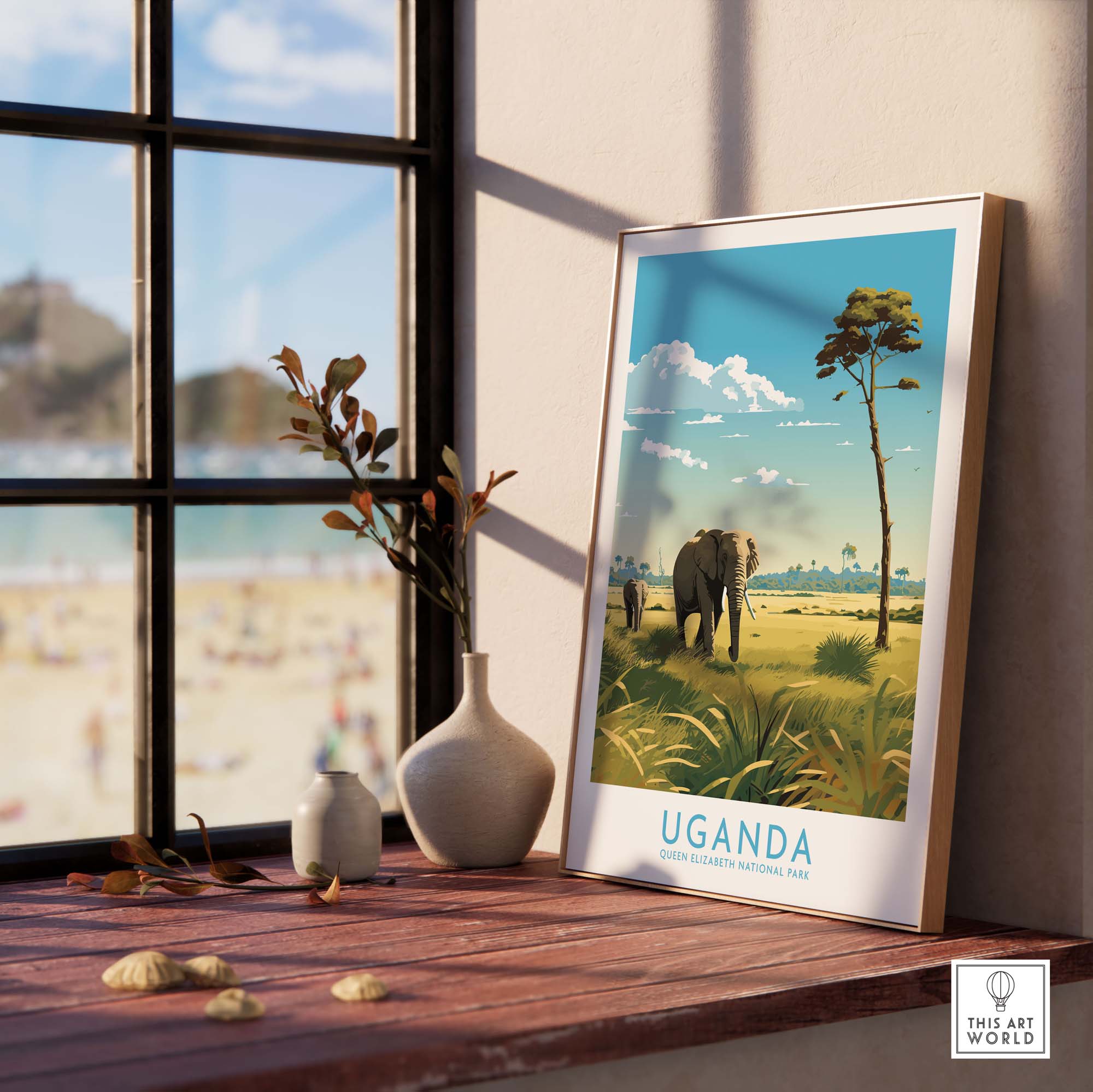 Uganda wall art featuring an elephant and serene landscape in a modern home setting, perfect for safari-inspired decor.