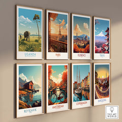 Uganda wall art featuring elephants and landscapes, part of a modern travel-themed poster collection.