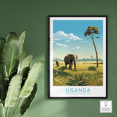 Stylish Uganda wall art featuring elephants in Queen Elizabeth National Park, perfect for modern home decor.