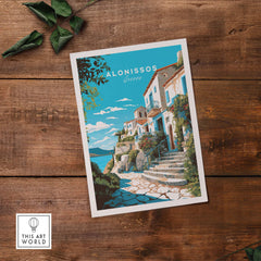 Vintage Alonissos Greece travel poster print featuring coastal homes and blue skies.
