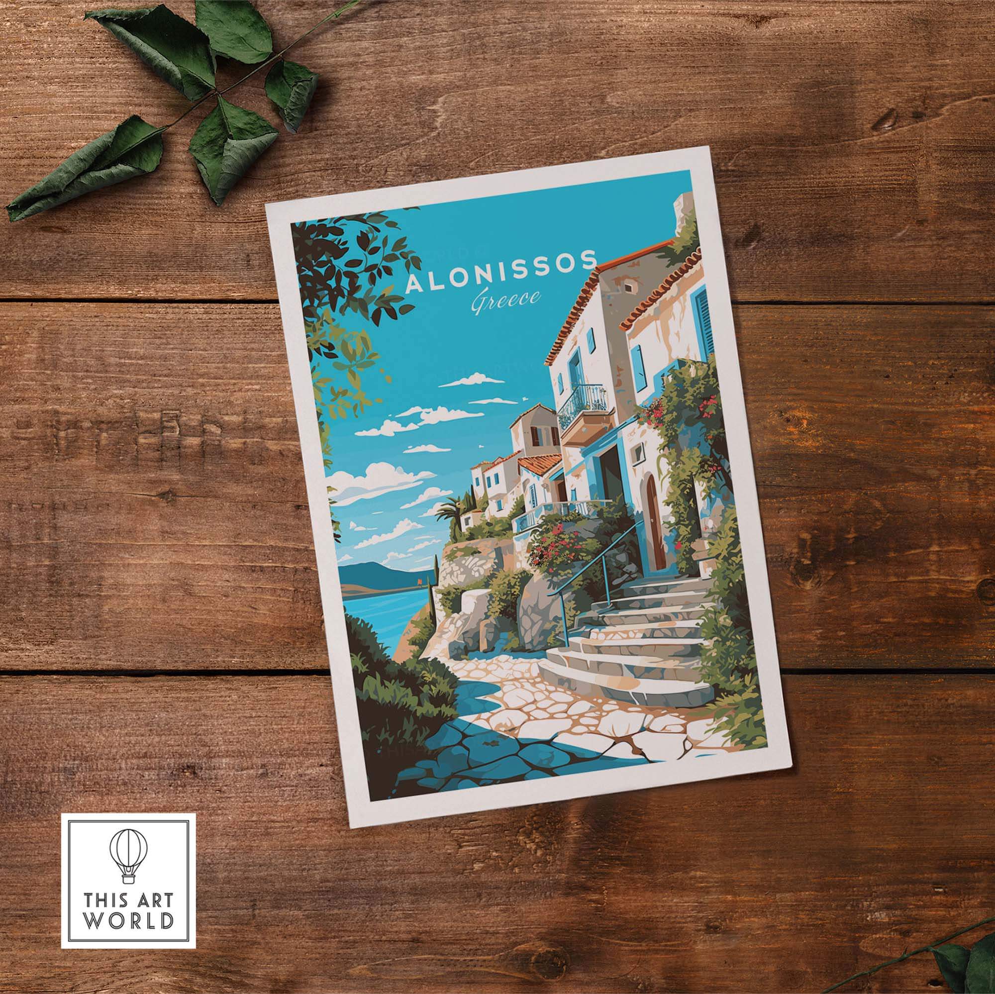 Vintage Alonissos Greece travel poster print featuring coastal homes and blue skies.