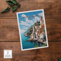 Amalfi Coast Italy travel poster featuring picturesque seaside village and vibrant blue waters.