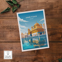 Amritsar India travel poster print showcasing the iconic Golden Temple reflecting on water, ideal for wall decor.