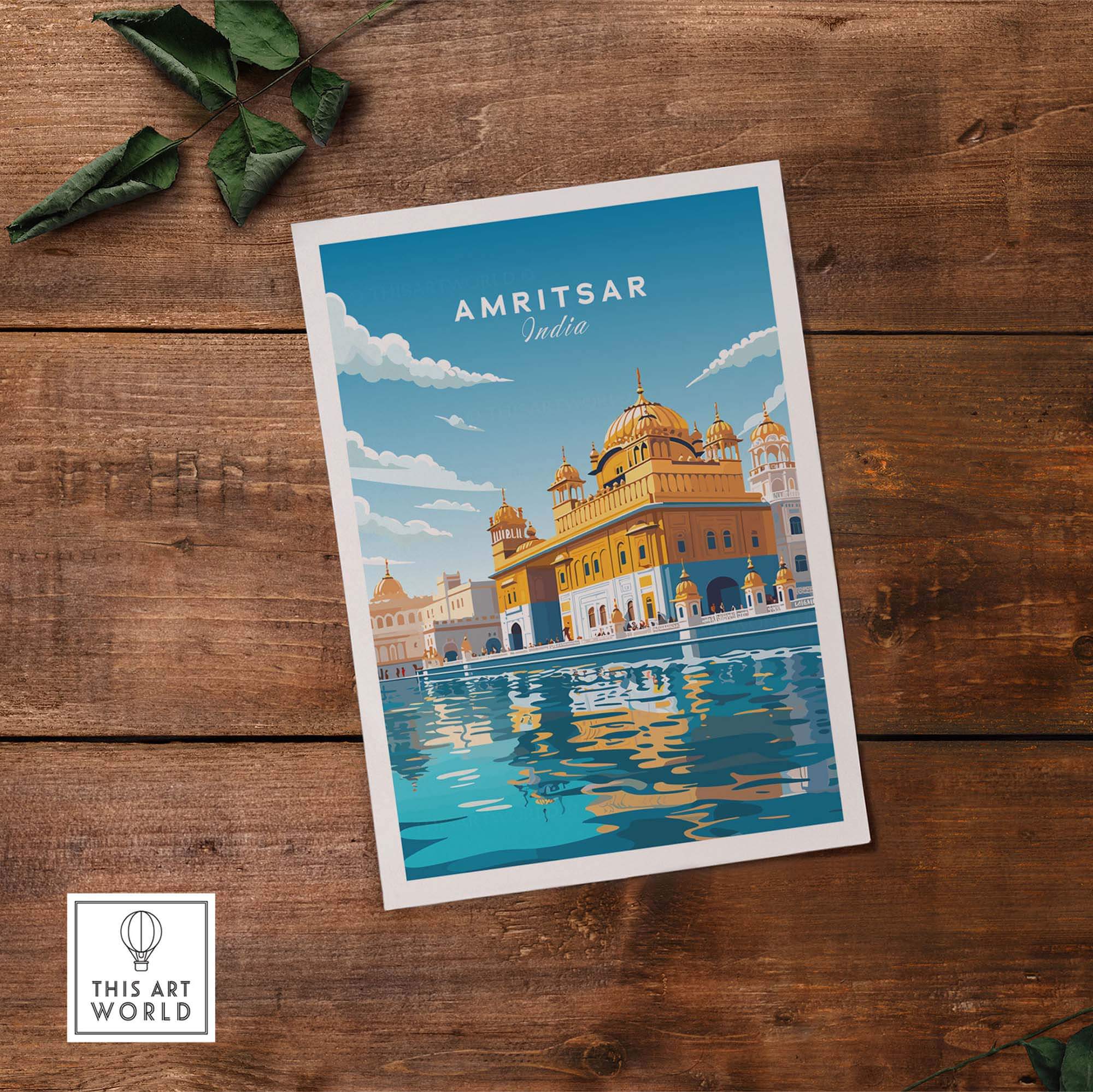 Amritsar India travel poster print showcasing the iconic Golden Temple reflecting on water, ideal for wall decor.