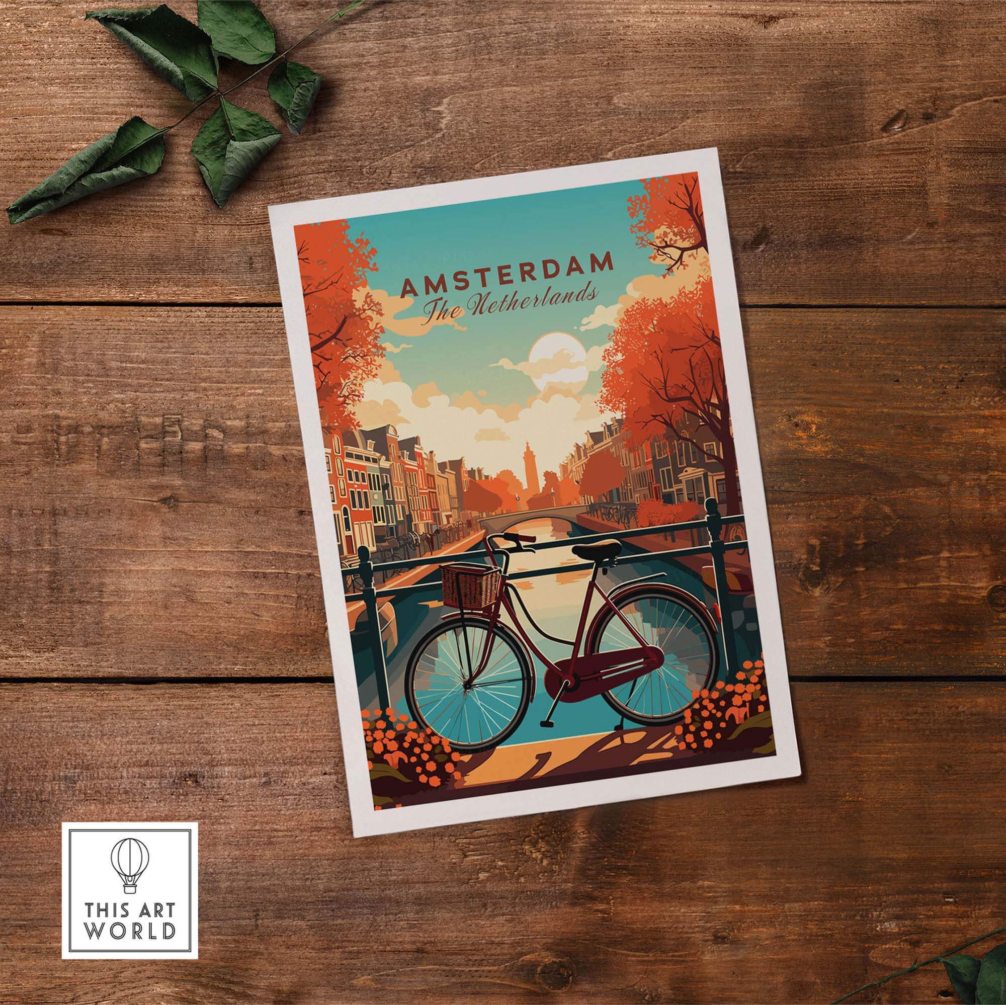Vibrant Amsterdam print featuring a bike by the canals, capturing the beauty of The Netherlands at sunset.