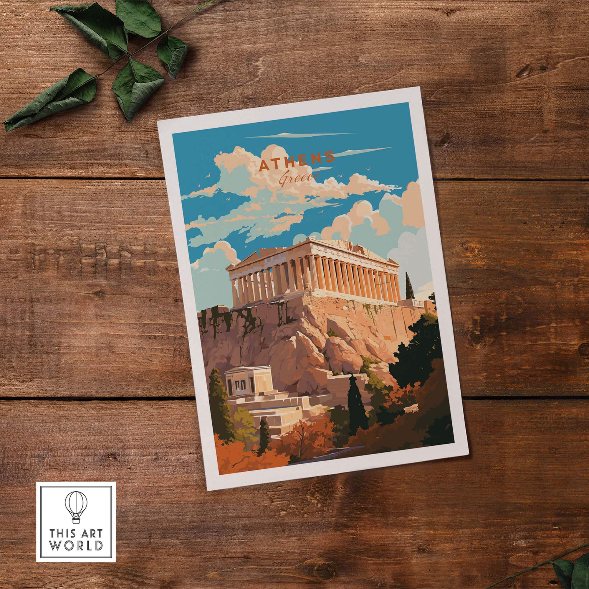 Athens Greece travel poster print featuring the Acropolis, perfect for home decor and gallery walls.