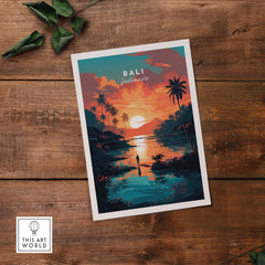 Vibrant Bali Wall Art print featuring a sunset and palm trees, showcasing Indonesia's picturesque scenery.