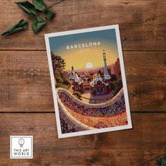 Barcelona Travel Poster Print featuring colorful architecture and sunset over the famous Park Güell in Spain.