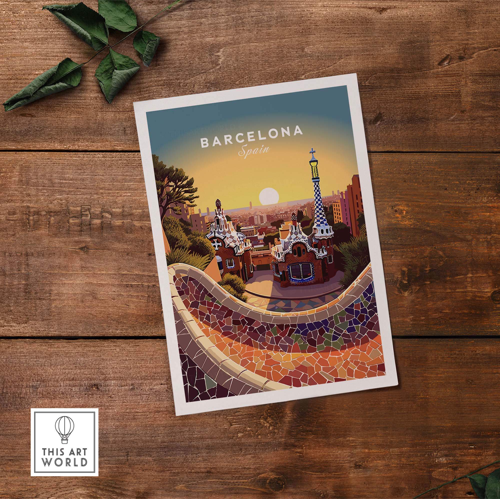 Barcelona Travel Poster Print featuring colorful architecture and sunset over the famous Park Güell in Spain.