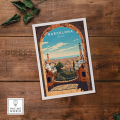 Barcelona poster featuring Park Güell with vibrant colors and scenic views of Spain's architectural beauty.
