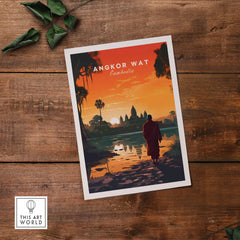 Angkor Wat wall art print featuring a silhouette against a vibrant Cambodian sunset, perfect for home decor.
