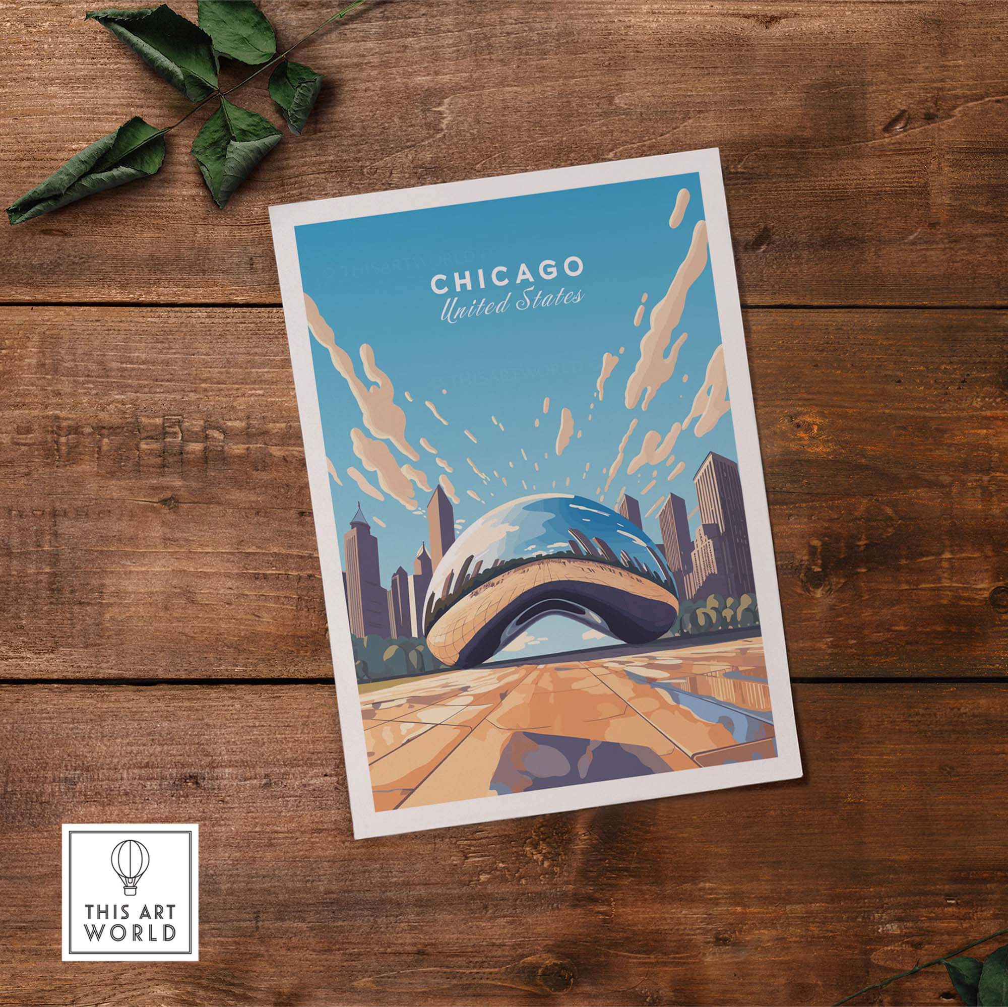 Chicago print of The Cloud Gate, or 'The Bean', showcasing iconic architecture and cityscape in vibrant colors.
