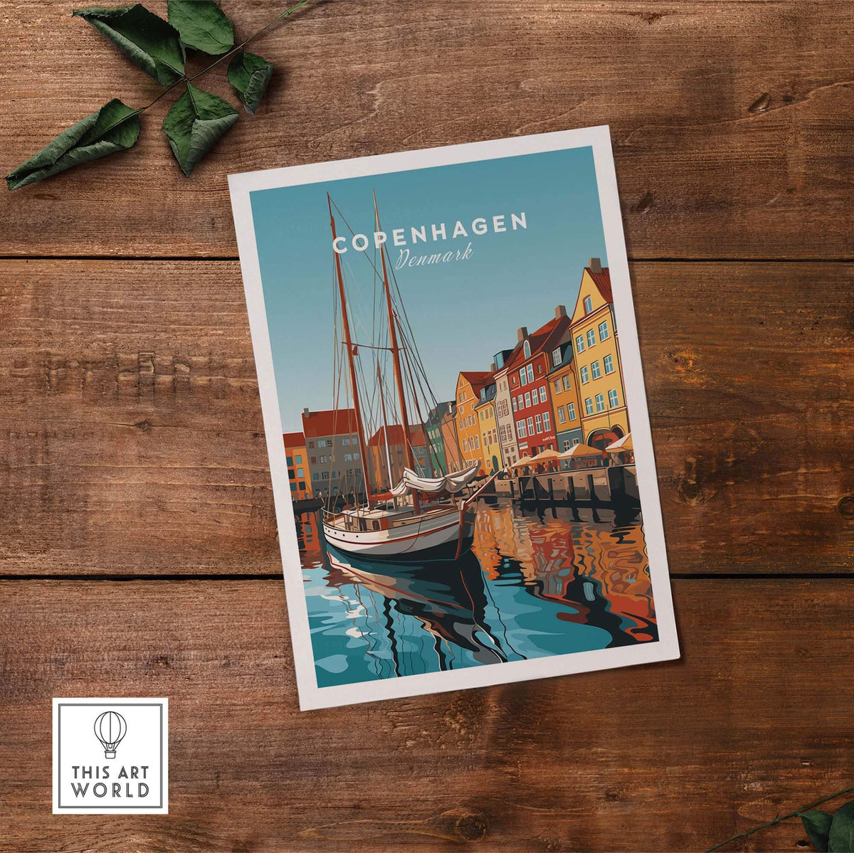 Copenhagen travel poster print featuring vibrant buildings and a boat on the water, perfect for home décor.