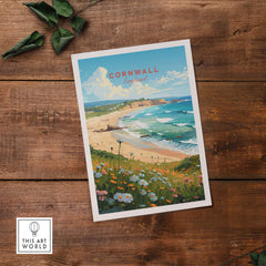 Cornwall art print featuring a scenic beach with flowers, capturing the beauty of England's coast.