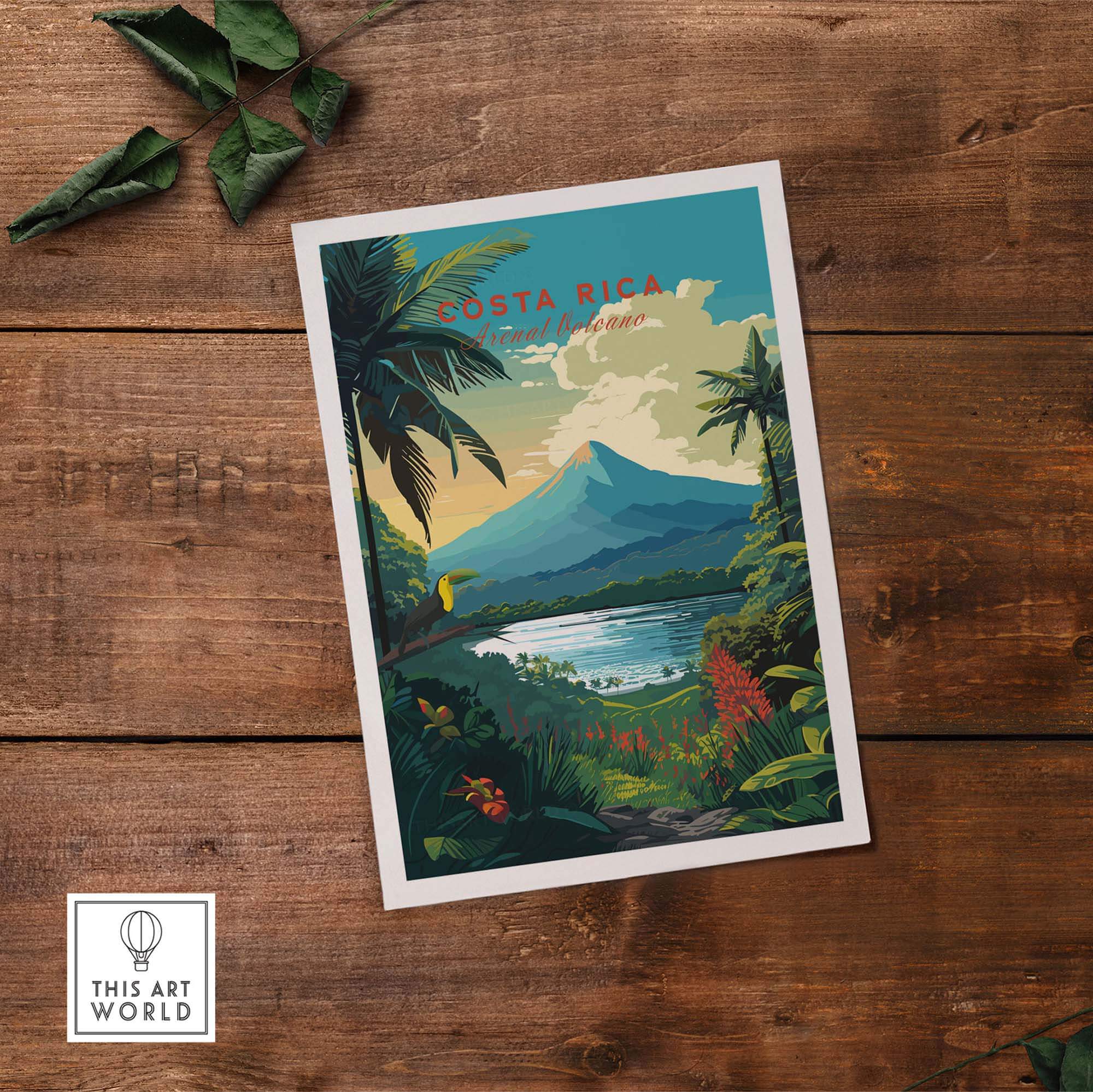 Costa Rica Print featuring Arenal Volcano and tropical landscapes in vibrant colors on wooden background.