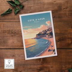 Côte d'Azur travel poster print showcasing the French coast's vibrant beauty, perfect for wall decor.