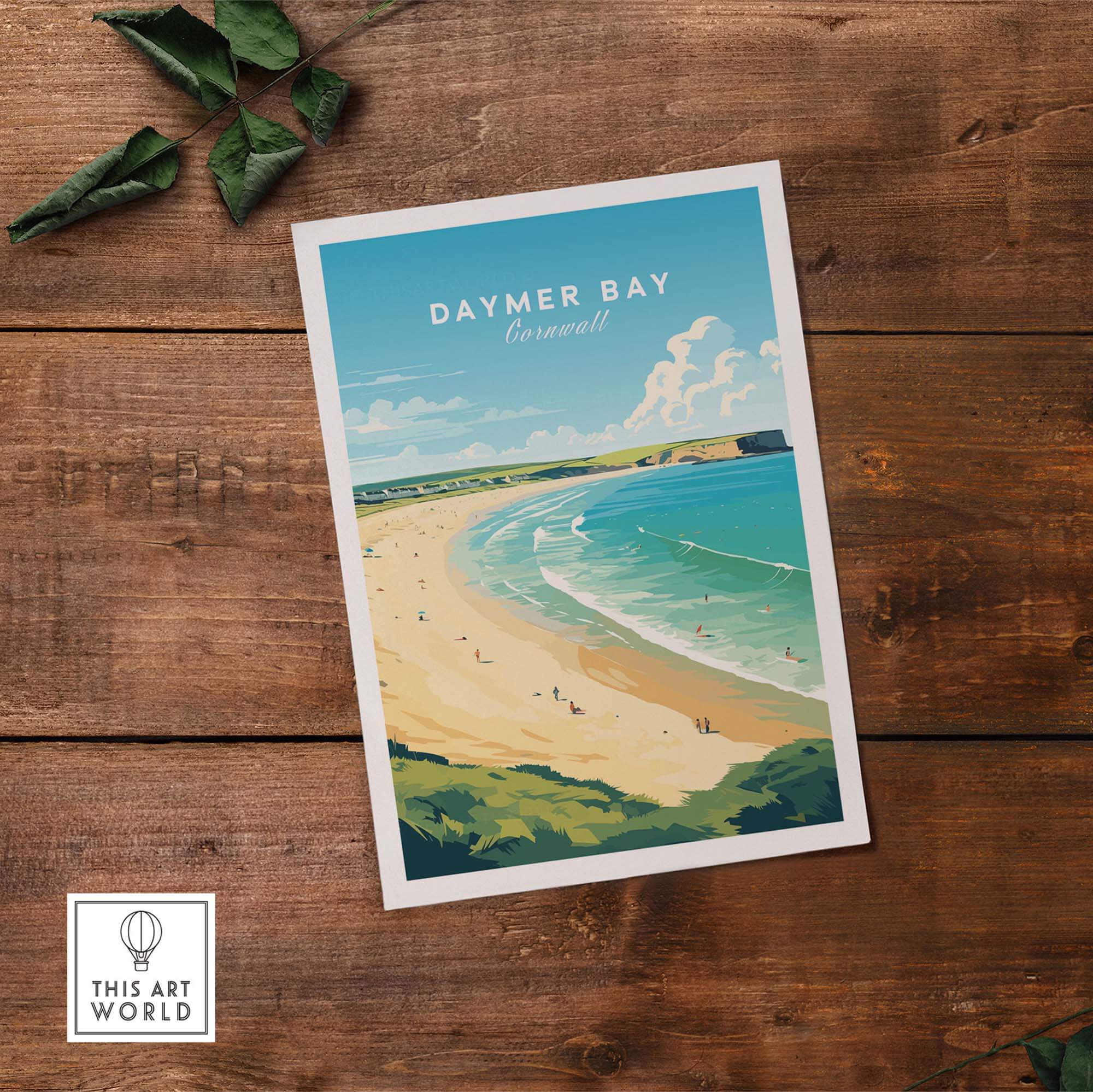 Daymer Bay Cornwall Print showcasing a serene beach landscape, perfect for home decor and travel art enthusiasts.
