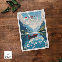 Fjords wall art print featuring a serene Norwegian landscape with a boat on the water, perfect for home décor.
