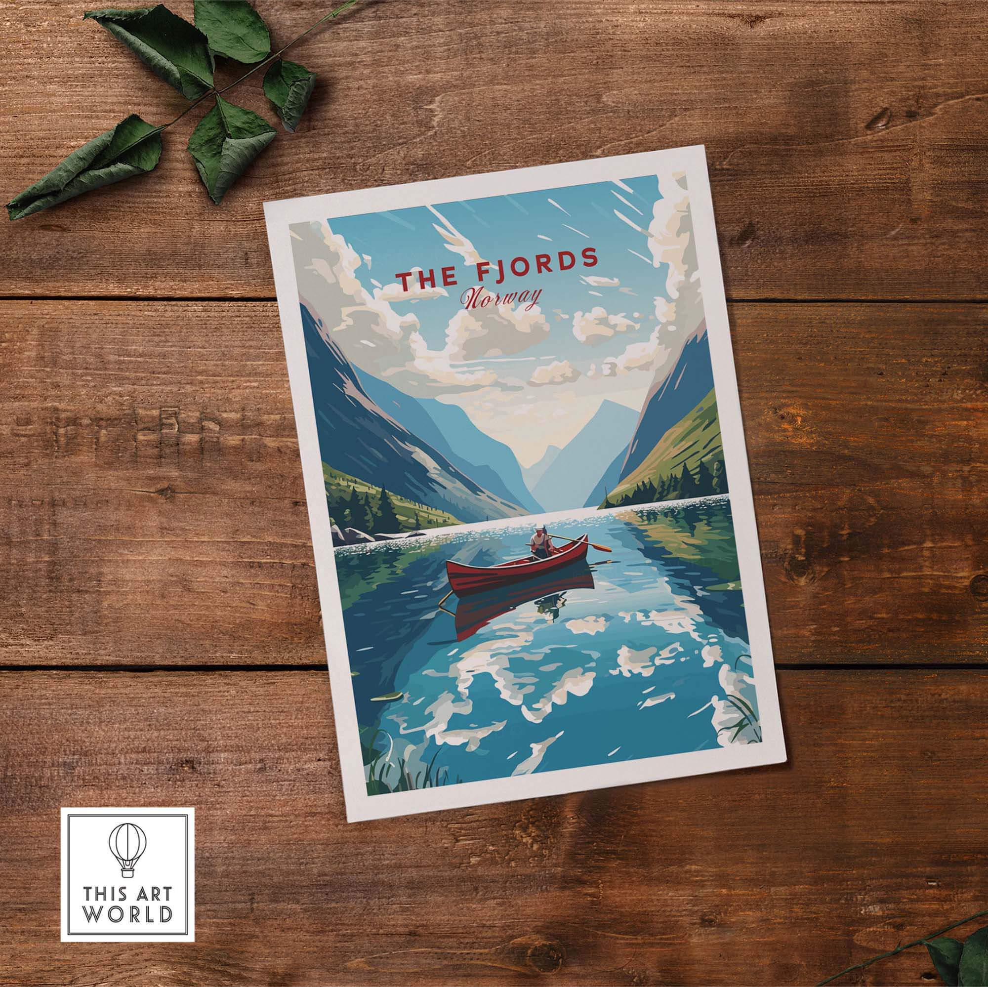 Fjords wall art print featuring a serene Norwegian landscape with a boat on the water, perfect for home décor.