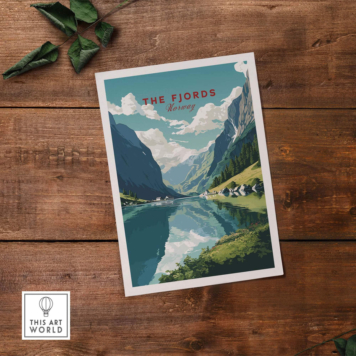 Norway Fjords travel poster featuring a serene landscape with mountains and reflective water, ideal for home decor.