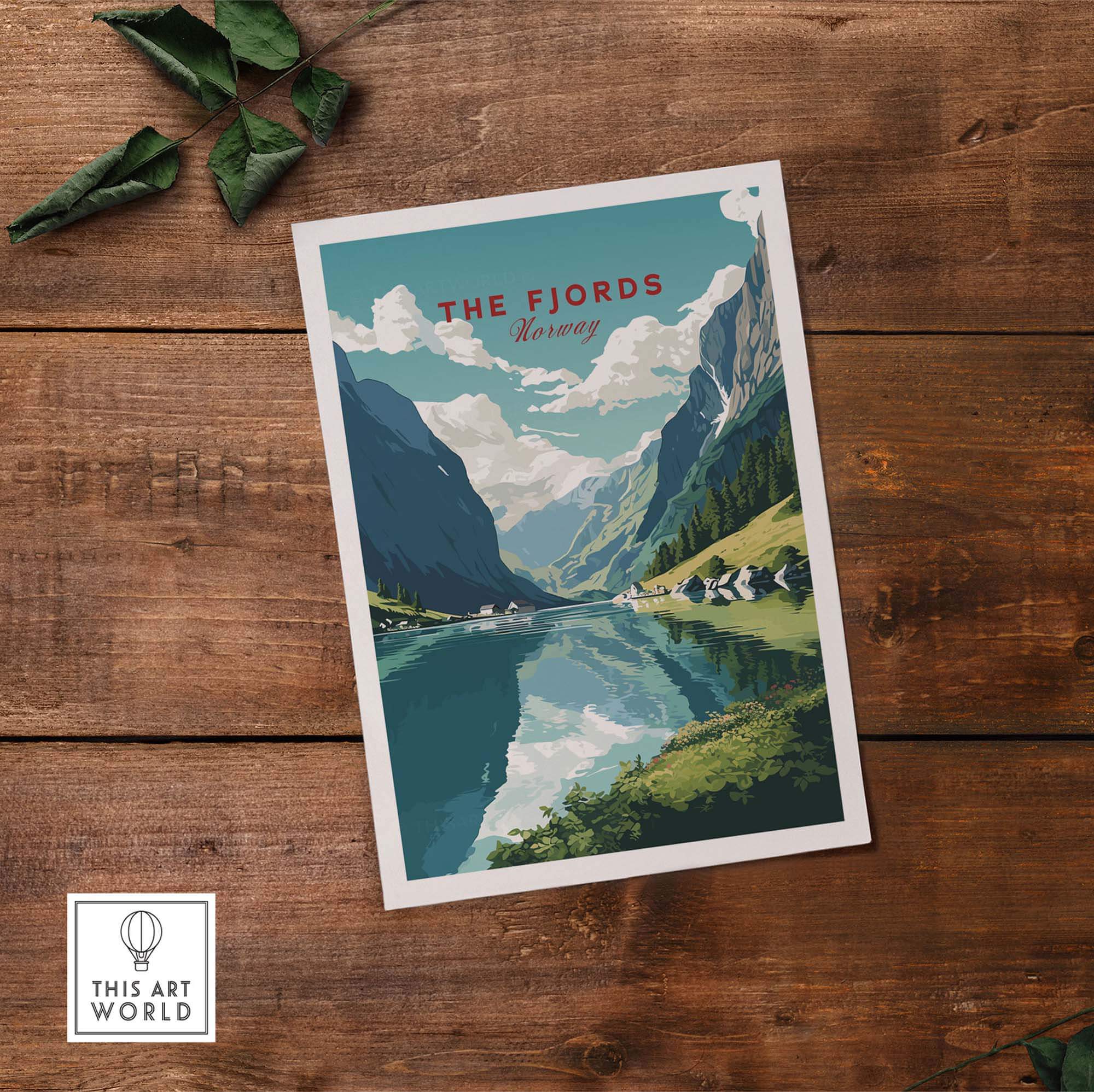 Norway Fjords travel poster featuring a serene landscape with mountains and reflective water, ideal for home decor.