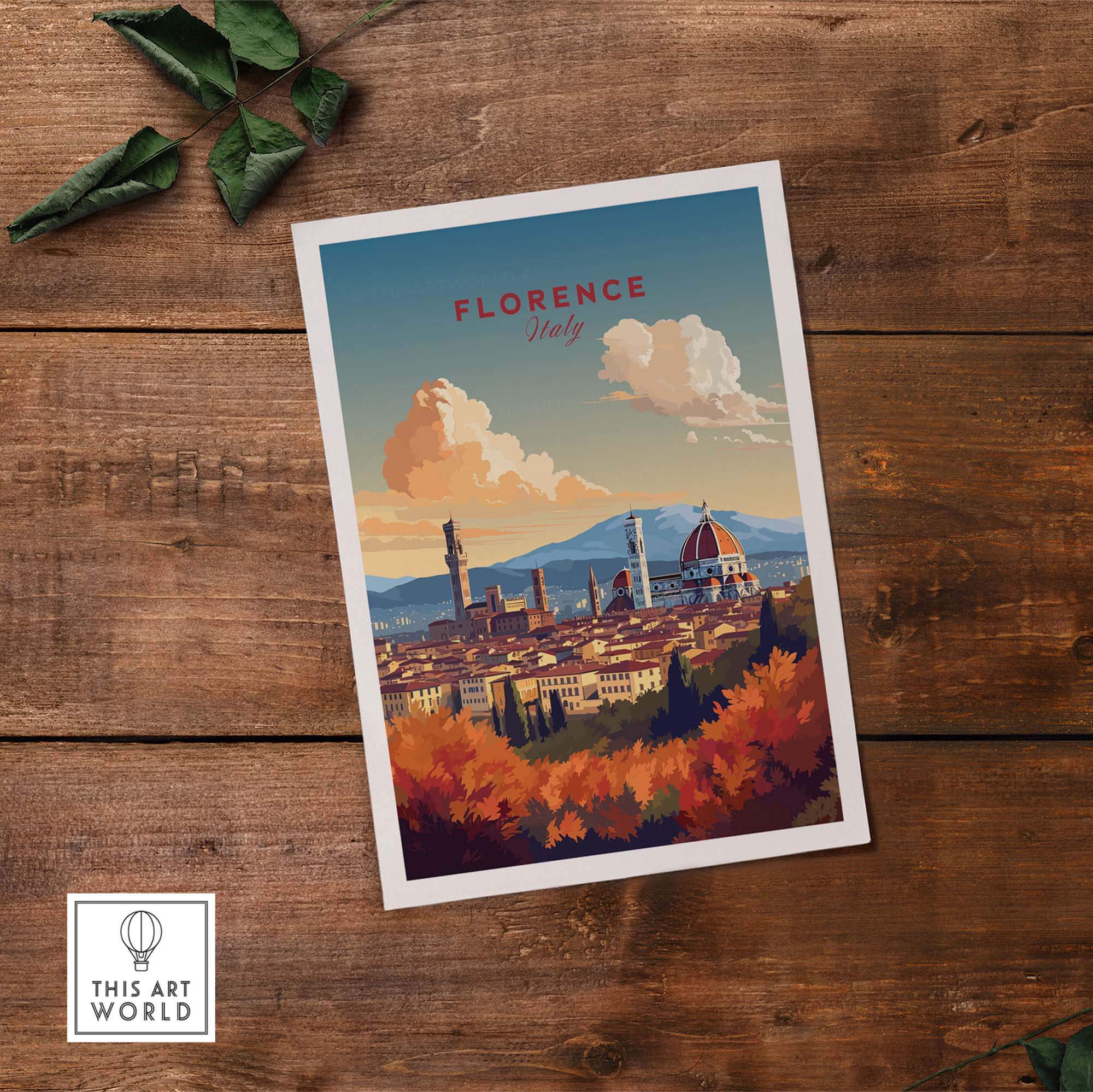 Florence Italy art print featuring the Cathedral of Santa Maria del Fiore with a sunset backdrop and fall foliage.