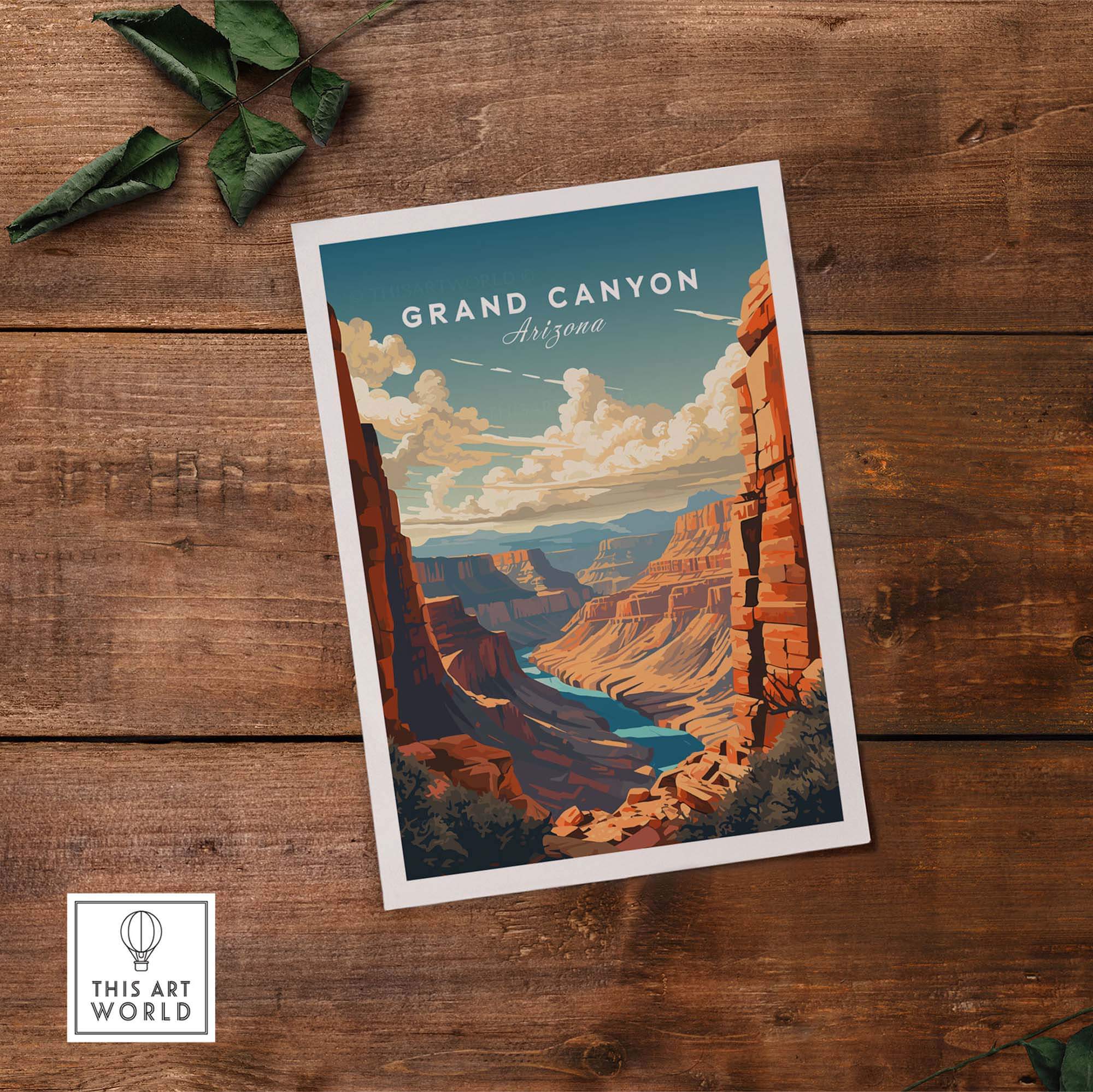 Grand Canyon poster featuring the stunning landscape of Arizona with vibrant colors and a scenic view of the canyon.