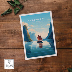 Ha Long Bay poster featuring a junk boat sailing through turquoise waters, perfect for home decor and travel enthusiasts.