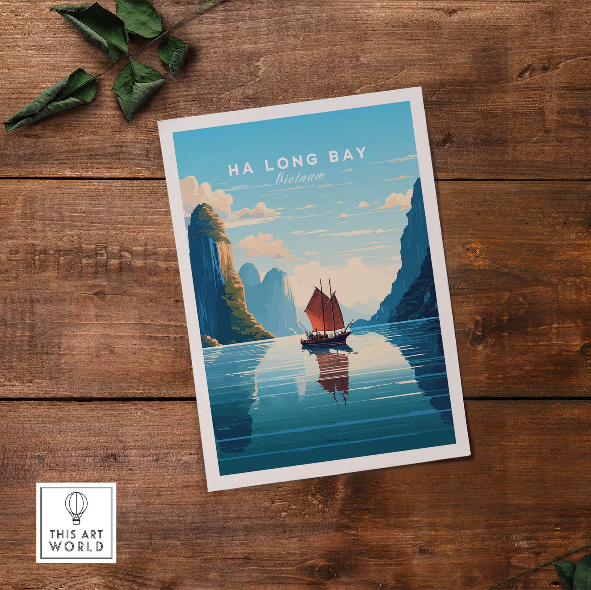 Ha Long Bay poster featuring a junk boat sailing through turquoise waters, perfect for home decor and travel enthusiasts.