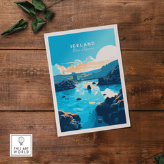 Blue Lagoon Iceland poster showcasing a serene landscape with blue waters and a vibrant sky, perfect for home decor.