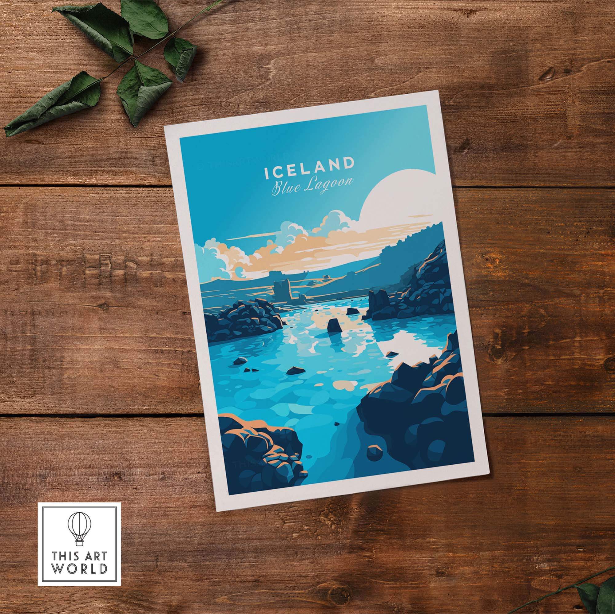 Blue Lagoon Iceland poster showcasing a serene landscape with blue waters and a vibrant sky, perfect for home decor.