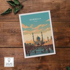 Karbala Iraq travel poster print showcasing the cityscape with vibrant colors and historical architecture.