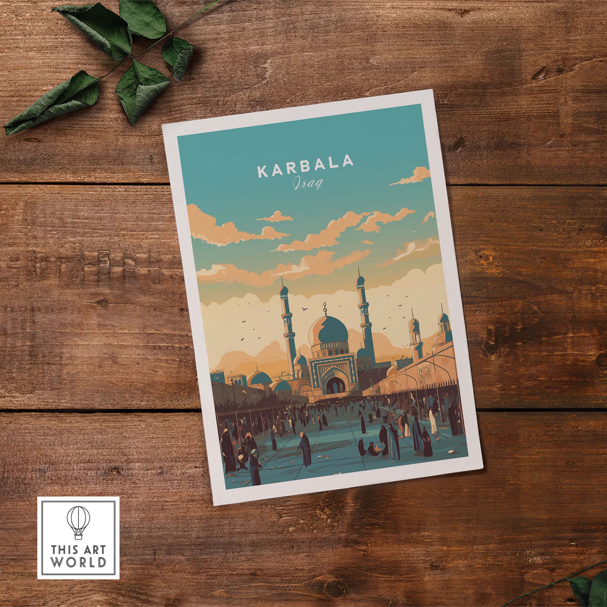 Karbala Iraq travel poster print showcasing the cityscape with vibrant colors and historical architecture.
