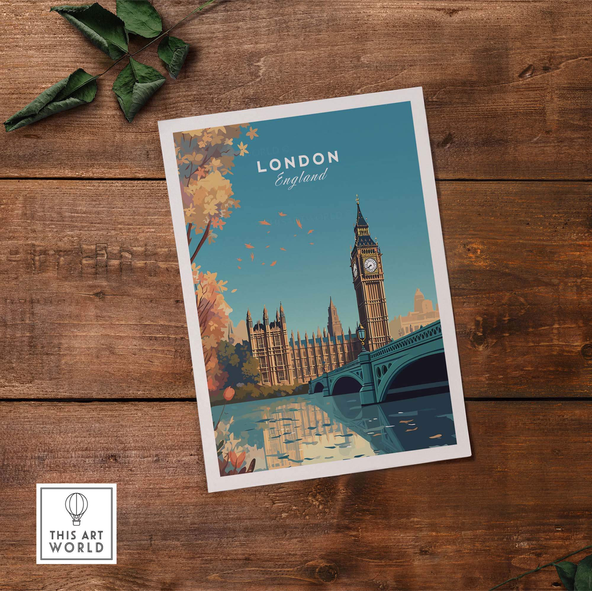 London Wall Art Print featuring Big Ben and the Thames River, vibrant travel-inspired decor for home or gift.