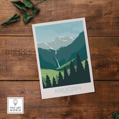 Adelboden Switzerland wall art print showcasing mountains and greenery, ideal for home décor and travel inspiration.