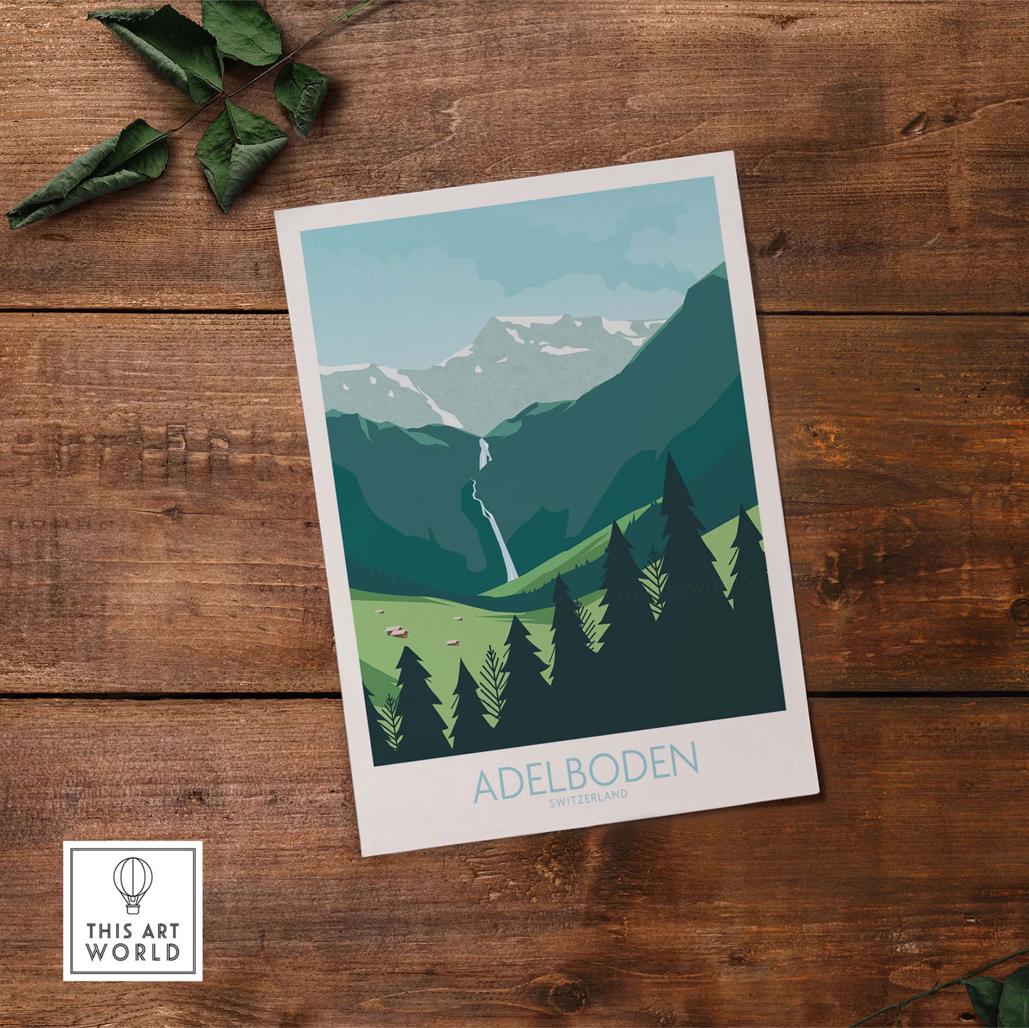 Adelboden Switzerland wall art print showcasing mountains and greenery, ideal for home décor and travel inspiration.