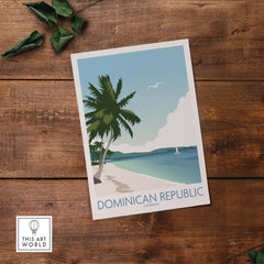 Dominican Republic wall art print featuring a beach scene with palm trees and vibrant colors, perfect for home decor.